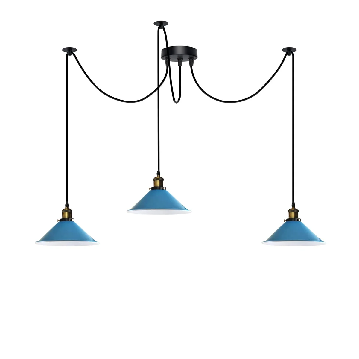 Black metal multi light pendant with six E27 holders and black shades hanging from ceiling plate against white background