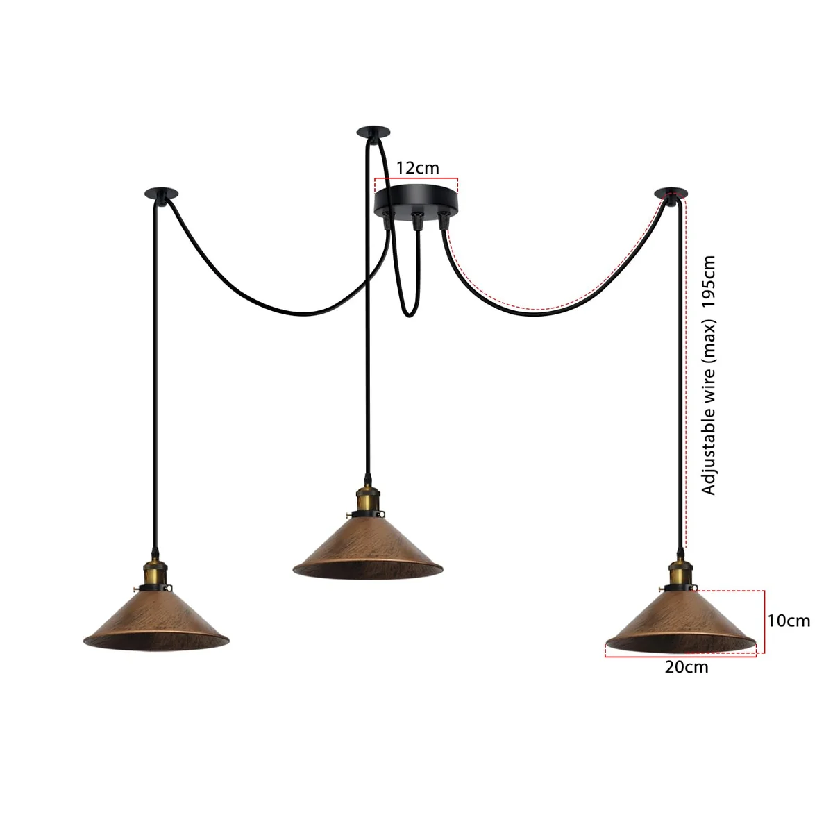 Black metal 3 fluming spider pendant light with six E27 holders and black light shades hanging from ceiling plate