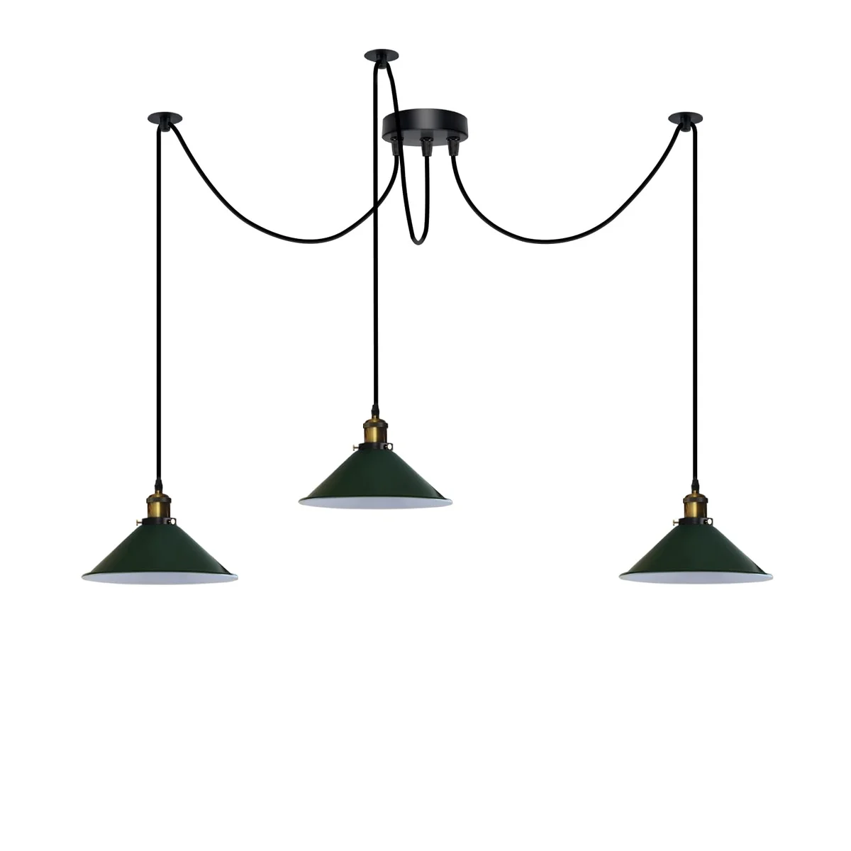 Black metal 3 fluming spider pendant light with six E27 holders and black light shades hanging from ceiling plate