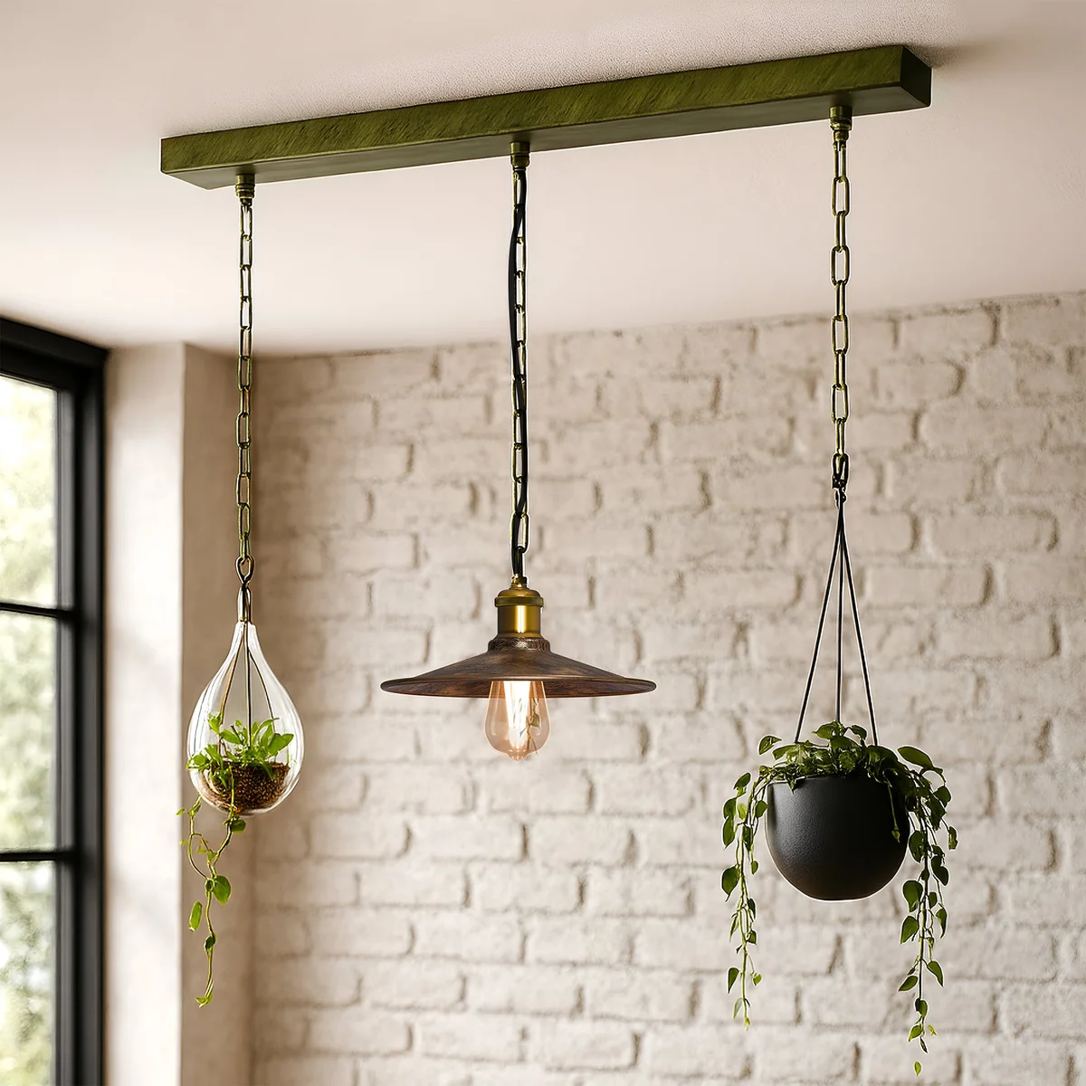 Indoor ceiling rose with heavy-duty brass chain, 3-point drop, rugged metal construction, 50 cm long.