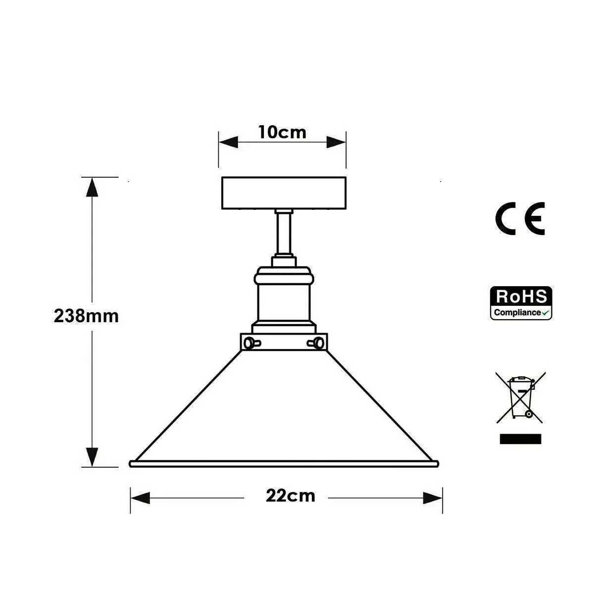 Black metal cone retro industrial ceiling light with brass accents and E27 lamp holder, flush mount design