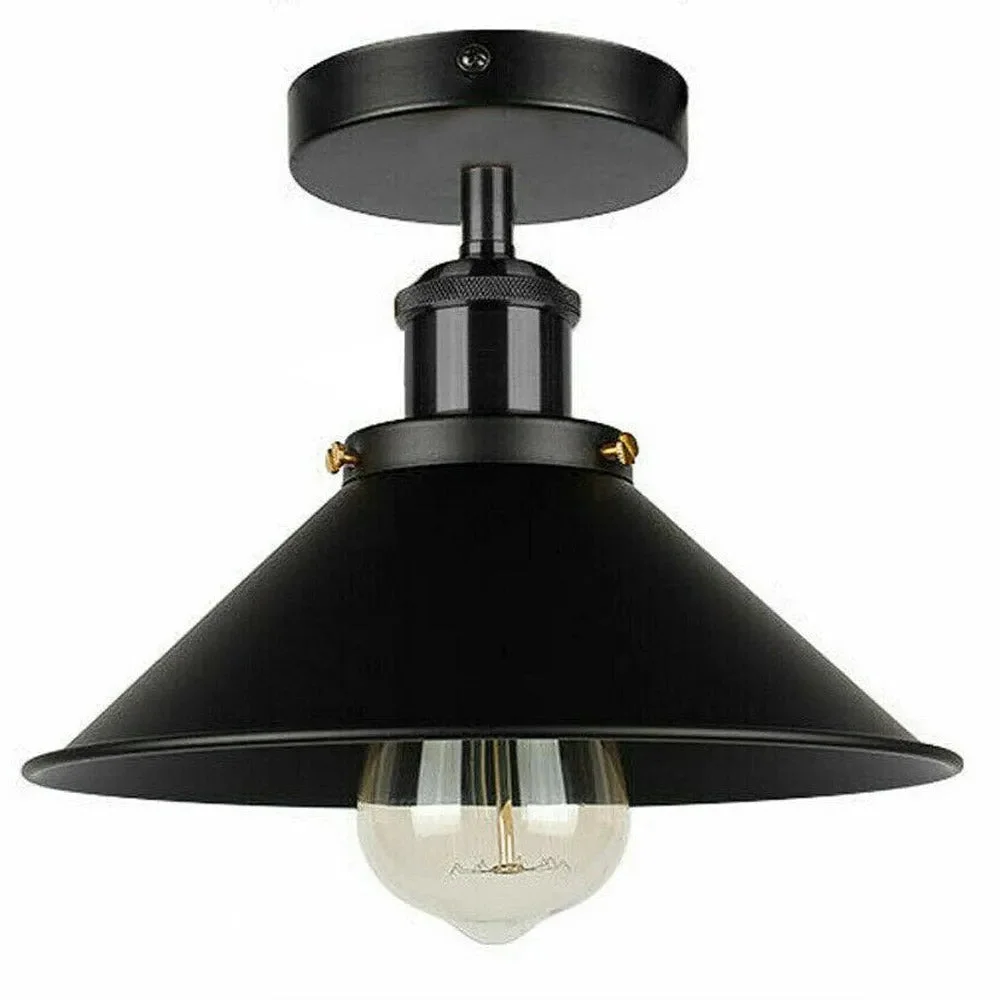 Vintage metal cone E27 base pendant light in black with yellow brass finish, retro industrial style ceiling fixture
