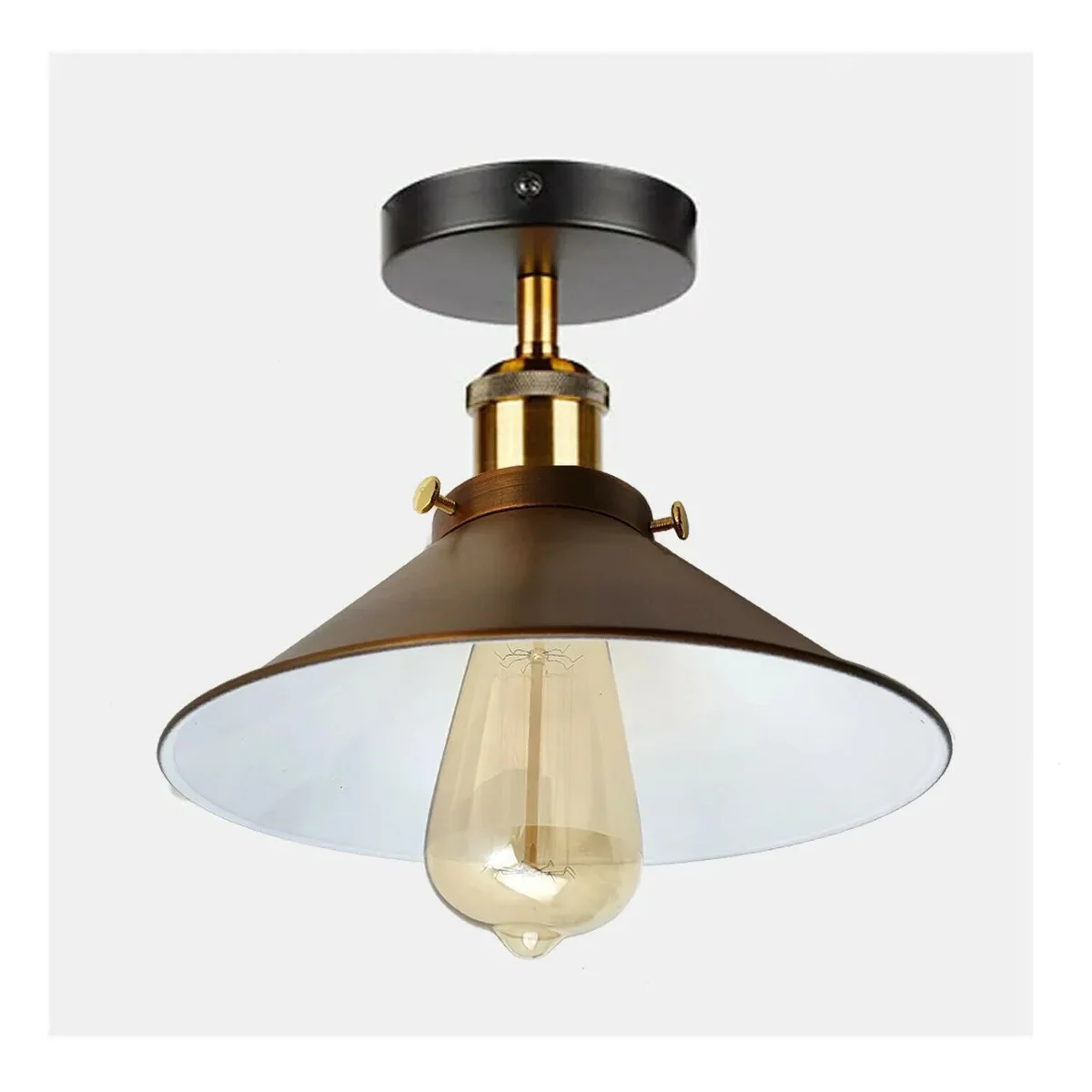 Vintage flush mount light with black metal cone shade and brass ceiling rose in industrial retro style hanging from ceiling