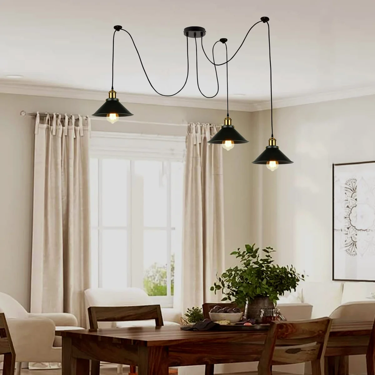 Black and gold multi-arm spider pendant light with adjustable height and metal construction hanging from ceiling