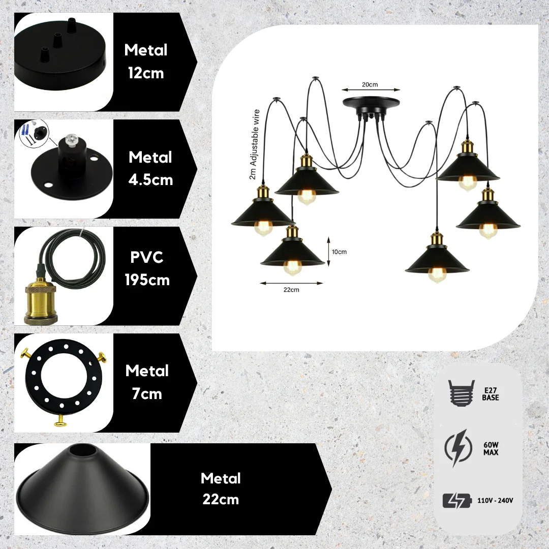 Black spider light with three adjustable hanging lamps in black and gold metal, suitable for retro-style interiors