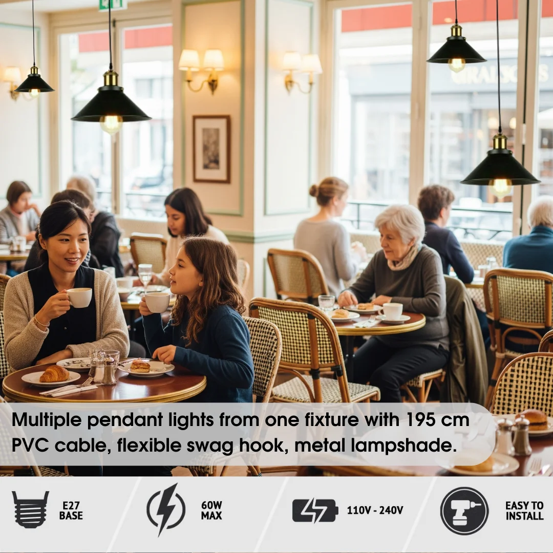 Black and gold retro chandelier ceiling light with three adjustable hanging spider pendant lamps on PVC cables