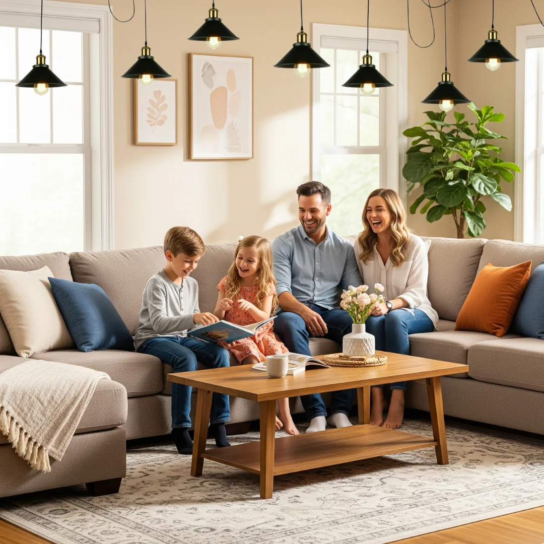 Three black and gold adjustable height pendant lights with metal cages hanging from black cables against a white background