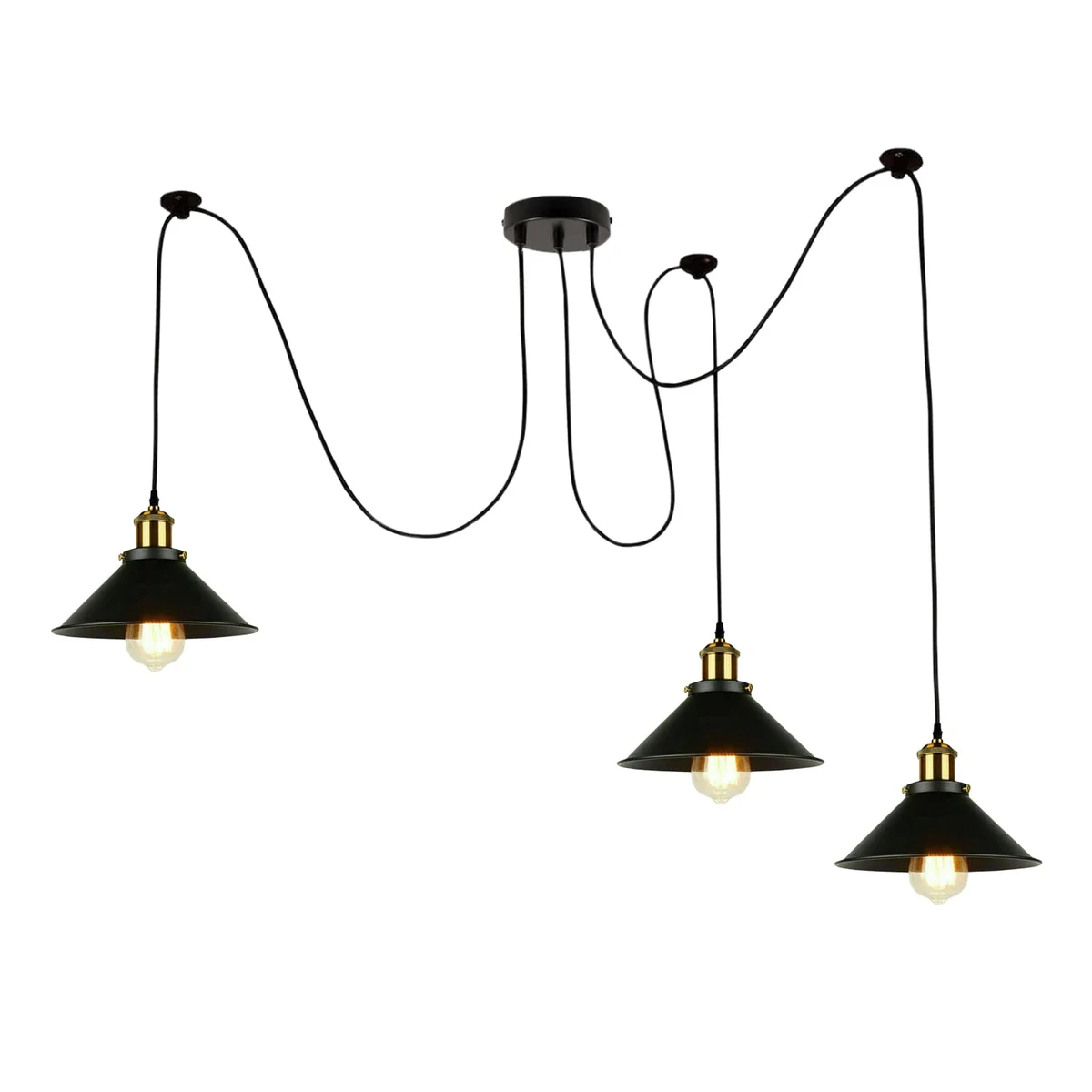 Three black iron metal ceiling light fixtures with gold accents hanging at varying heights on black cords