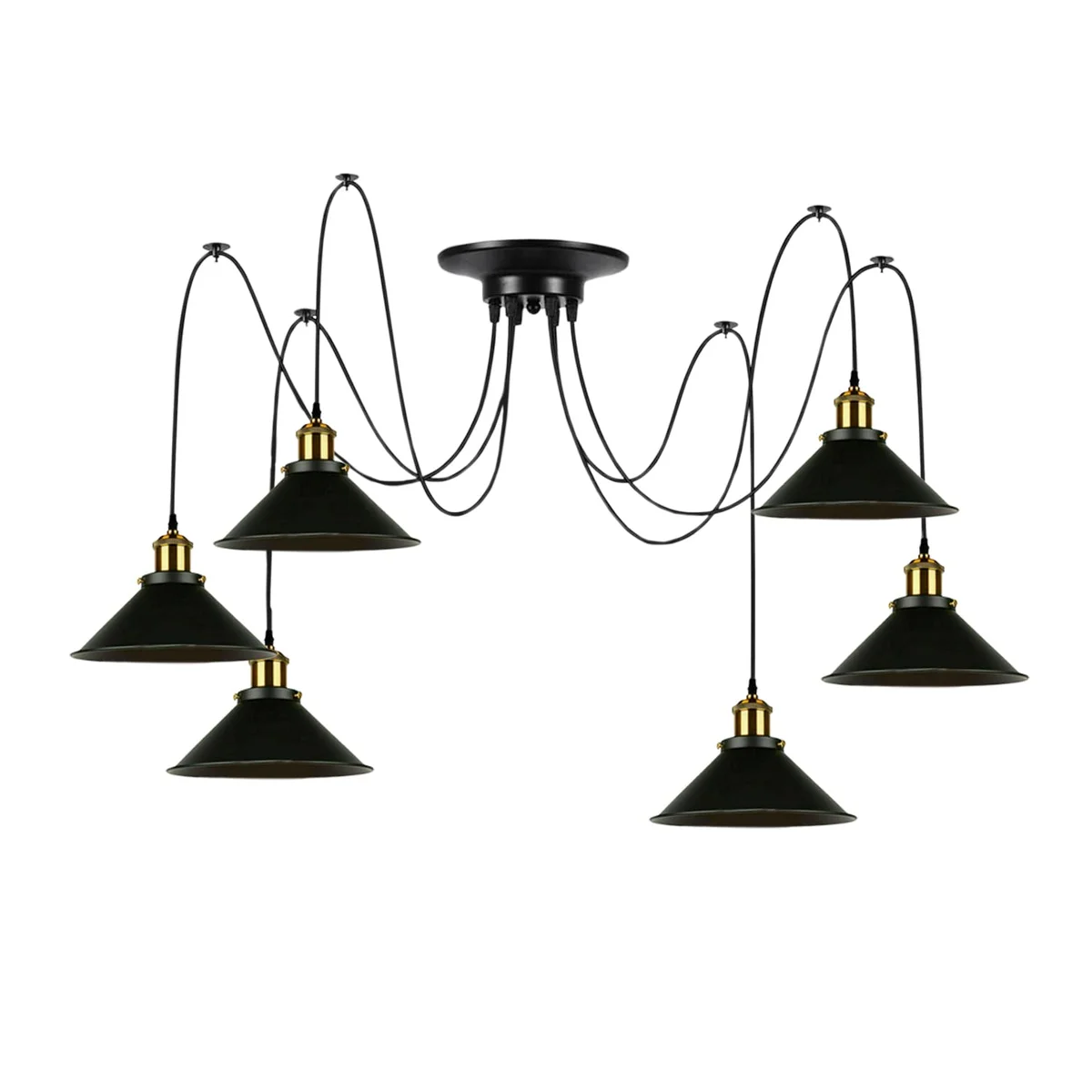 Black multi-arm spider pendant light with adjustable height and E27 bulb holders, vintage retro style ceiling fixture