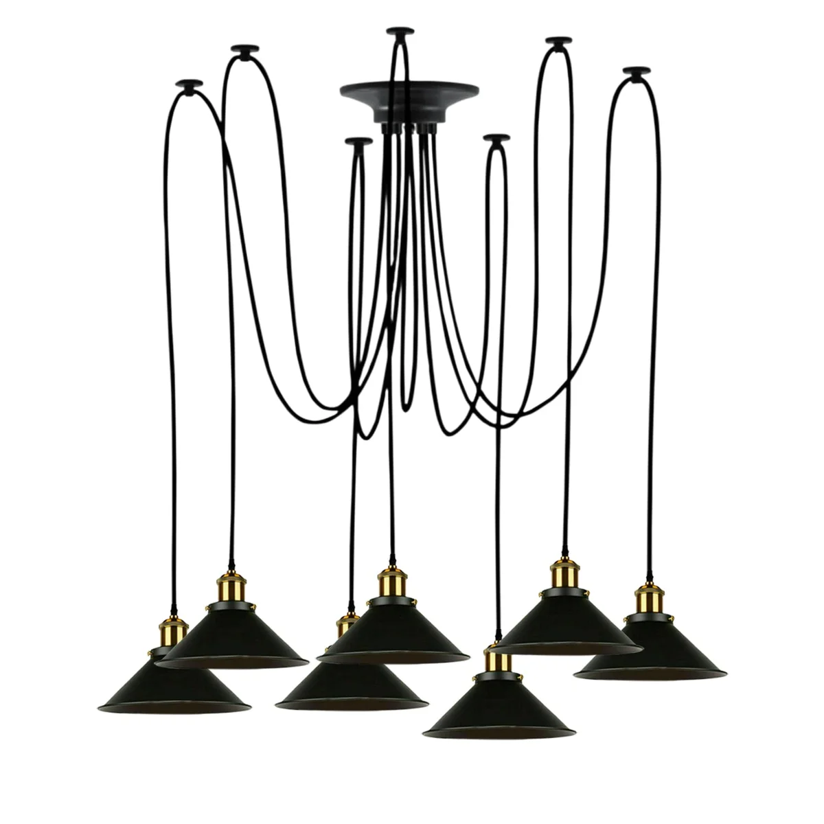 Black and gold multi-arm spider pendant light with adjustable height and metal construction hanging indoors