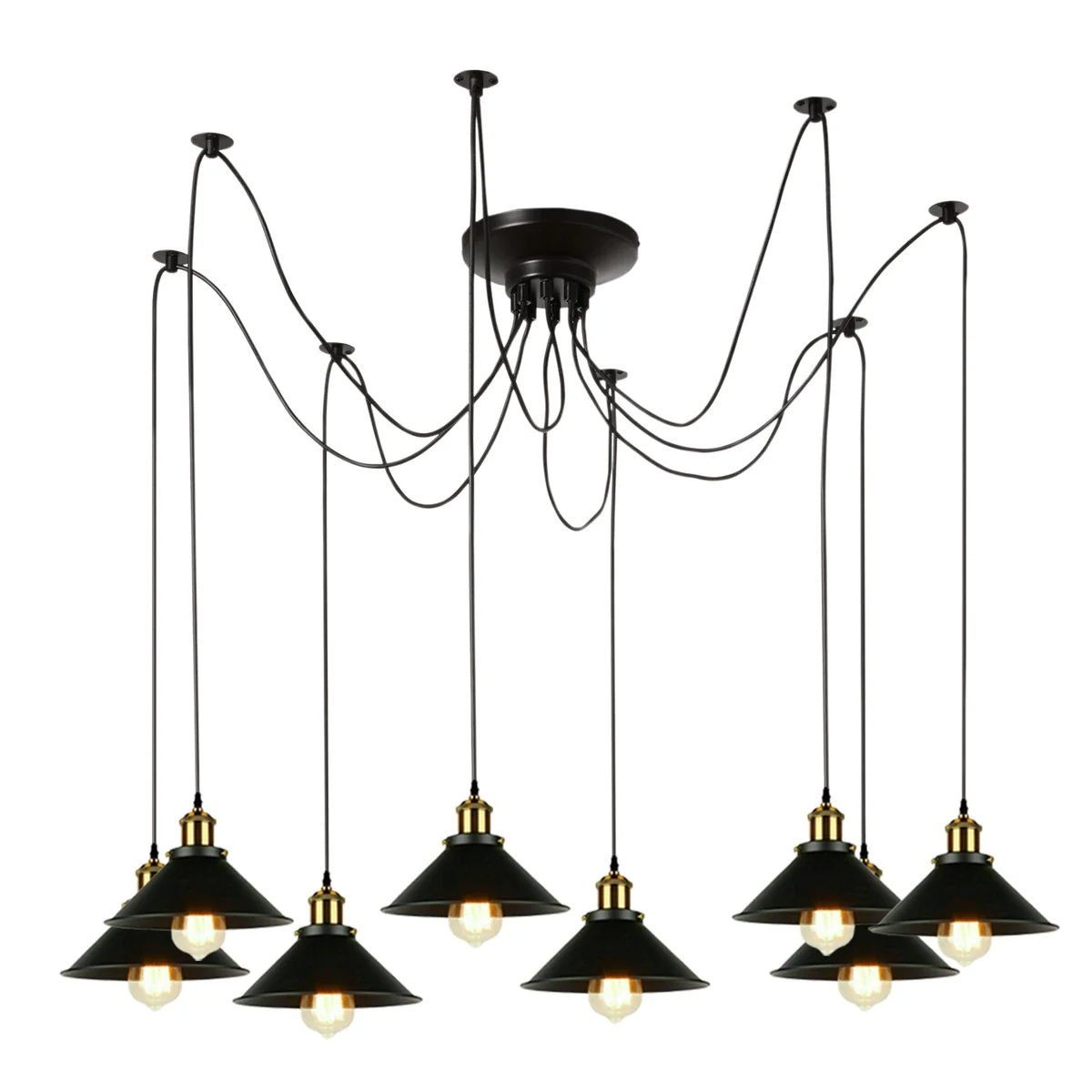 Black and gold multi-arm spider pendant light with adjustable height and metal construction hanging from ceiling