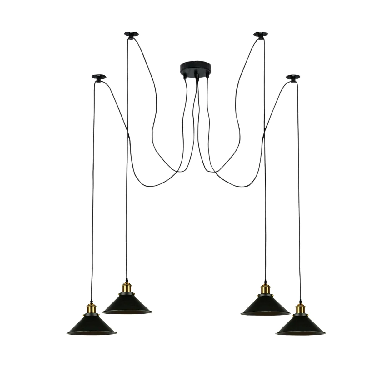 Black and gold multi-arm spider pendant light with adjustable height, metal construction, and PVC cable hanging indoors