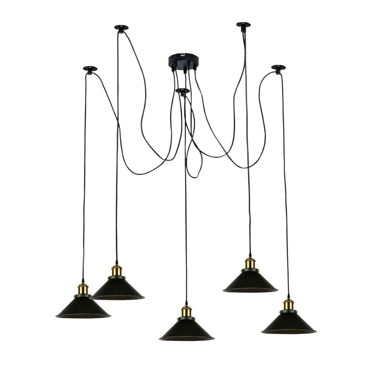Black and gold multi-arm spider pendant light with adjustable height and metal construction hanging from ceiling
