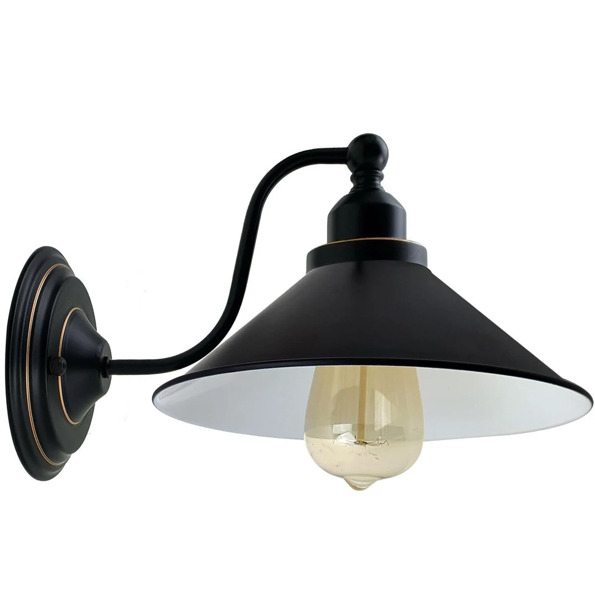 Black wall lamp with iron industrial style shade, E27 holder, rustic elegant design mounted on a wall.