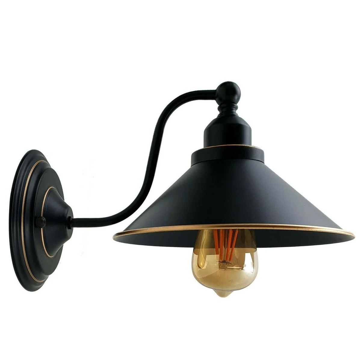 Bright iron industrial wall lamp with retro classic circular shade, E27 socket, sleek metal frame on white wall backdrop