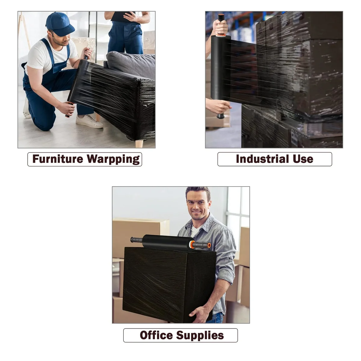 Roll of black pallet wrap stretch film, 2.5 mil thick, heavy-duty, waterproof, and self-adhesive cling for packaging