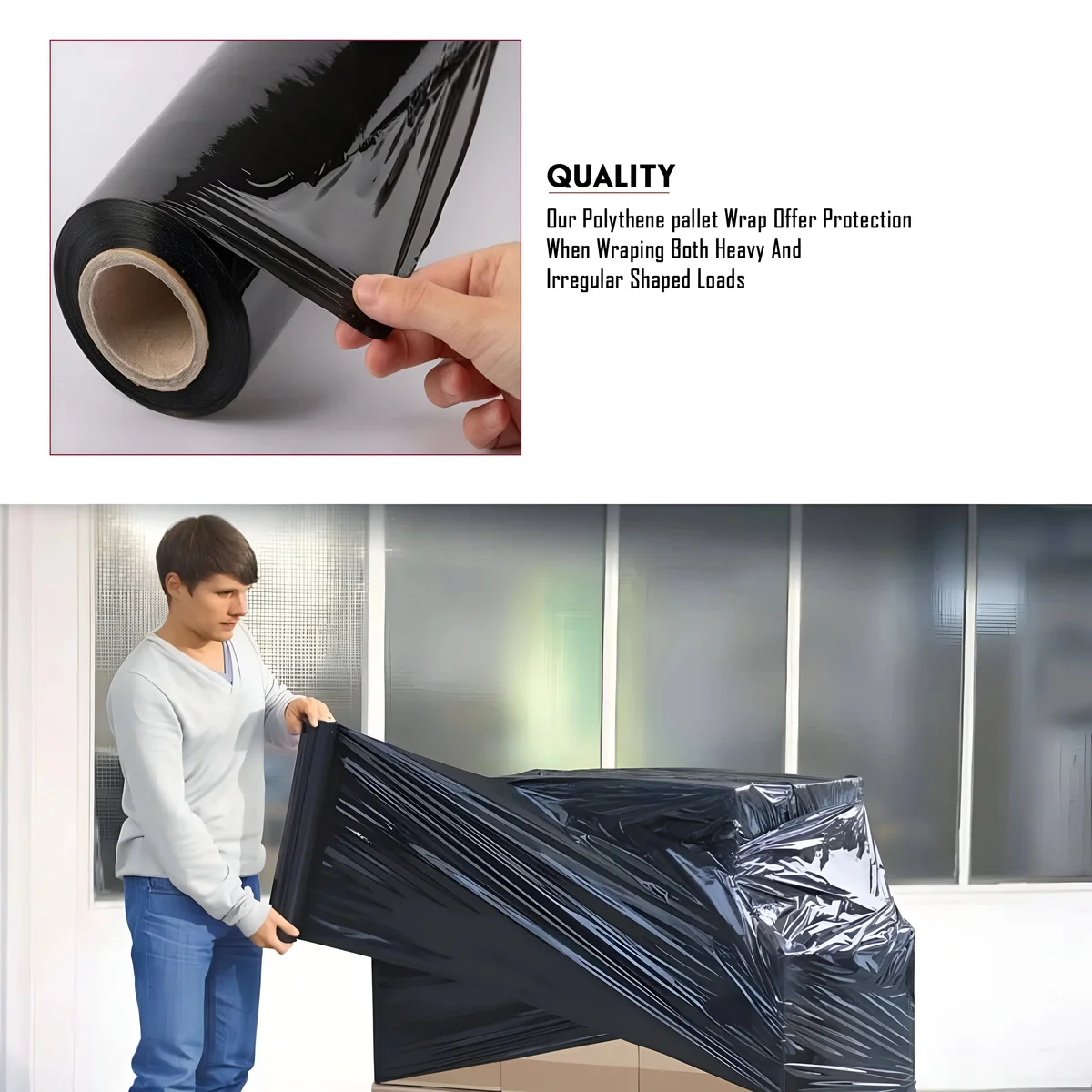Roll of black heavy duty pallet wrap waterproof cling film for secure, tear-resistant packaging and pallet protection