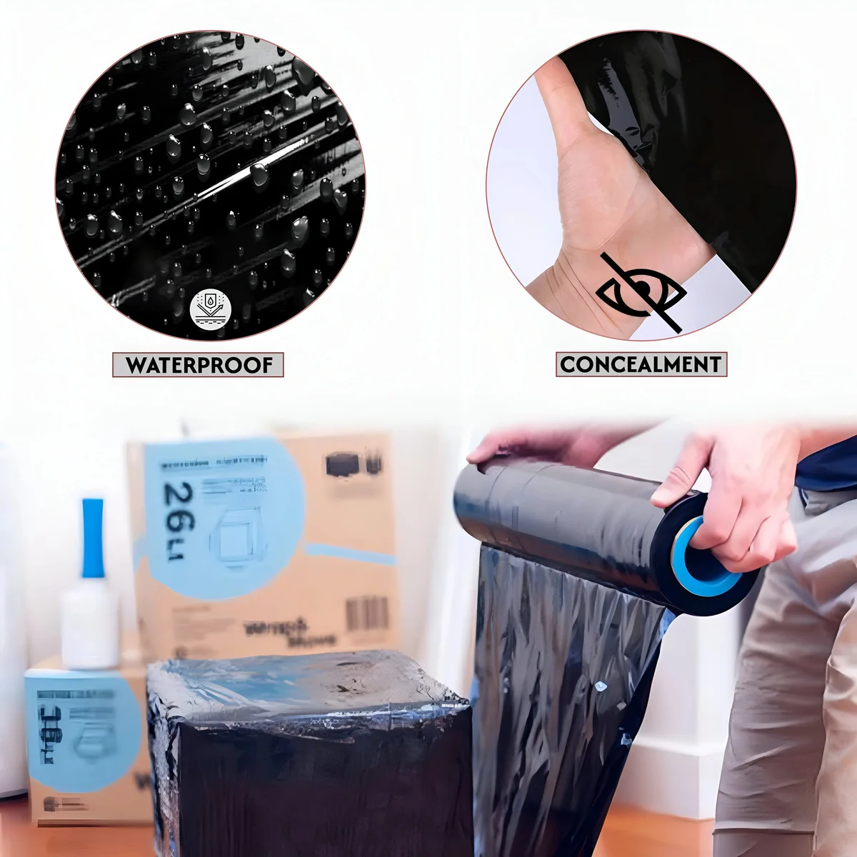 Black heavy-duty waterproof stretch film roll showing smooth, tear-resistant pallet wrap for secure packaging and shipping