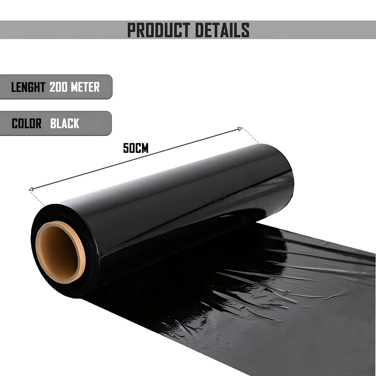 Black heavy-duty industrial cling film roll for pallet wrapping, showing smooth, tear-resistant, waterproof stretch film surface