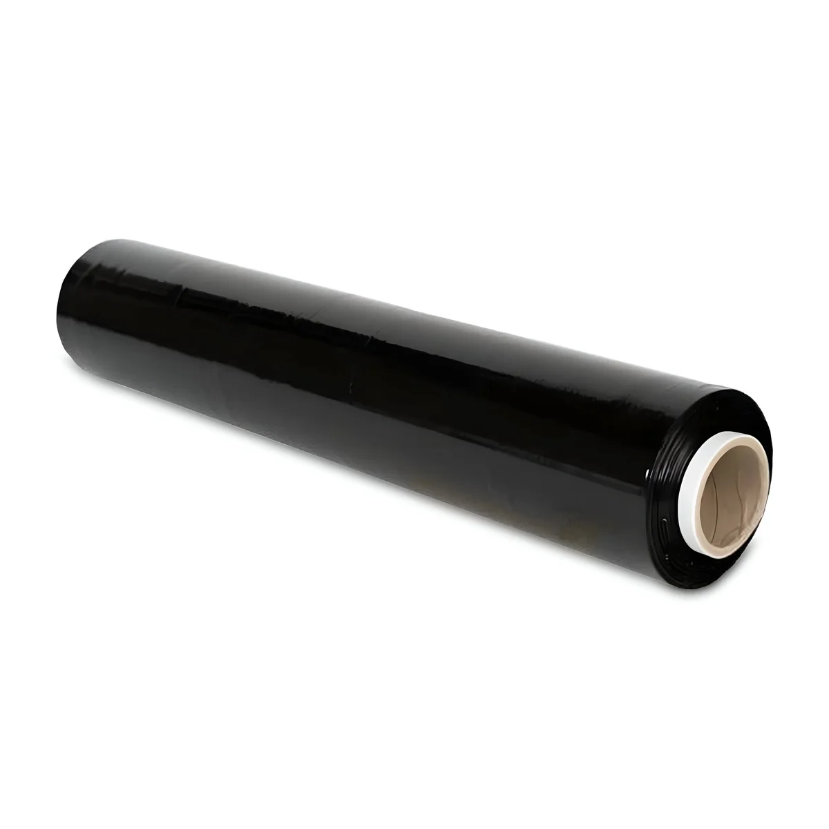 Black polyethylene pallet wrap roll showing thick, tear-resistant, self-adhesive cling stretch film for secure packaging