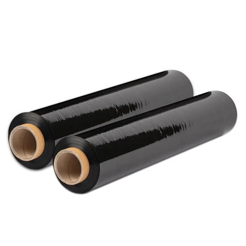 Roll of black pallet wrap showing smooth, heavy-duty, waterproof stretch film for secure packaging and shipping protection