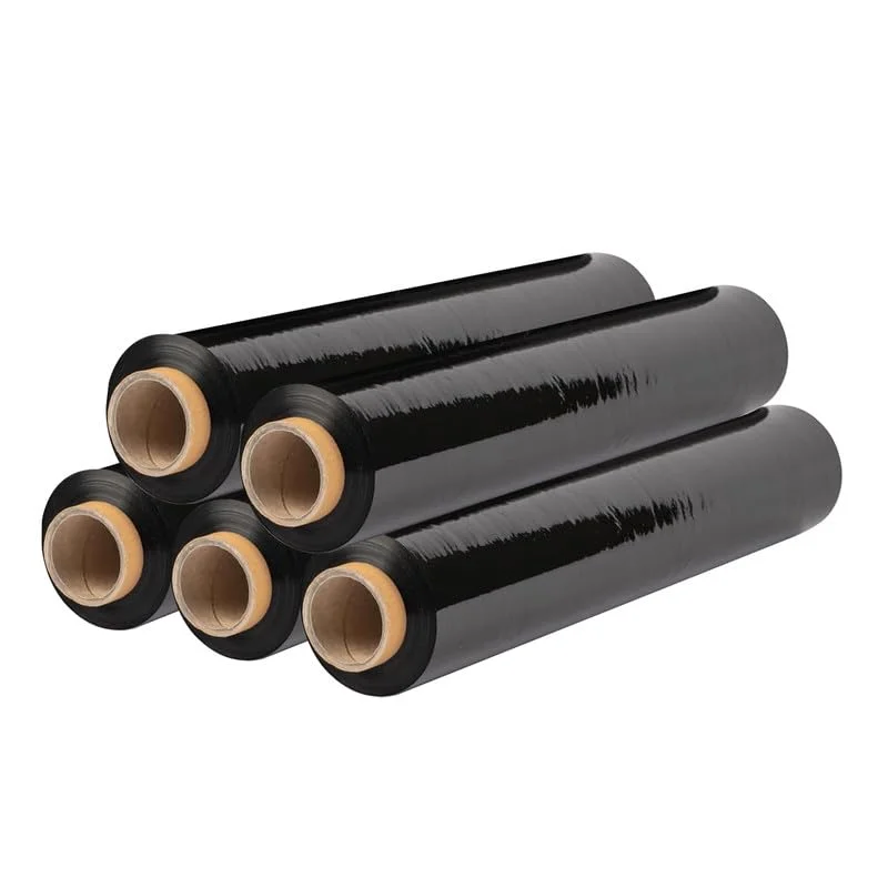 Roll of black pallet wrap made of thick, waterproof polyethylene film for heavy-duty packaging and secure pallet wrapping