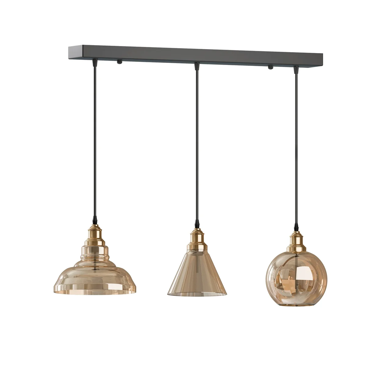 Industrial pendant light with 3 amber glass shades on a metal frame.