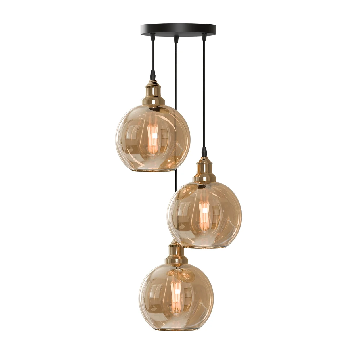 Industrial 3-head amber glass pendant ceiling fixture with metal frame and adjustable cable