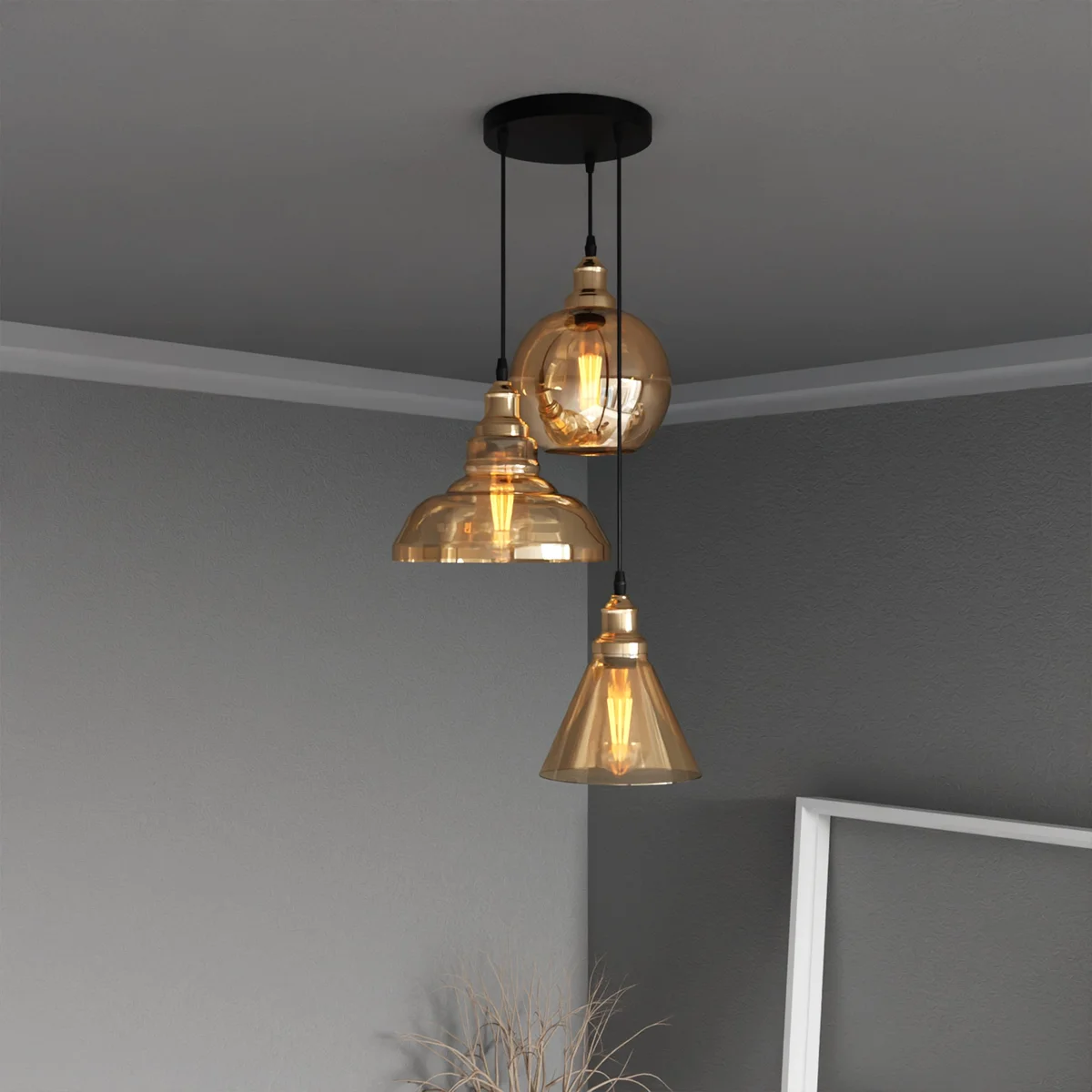 Industrial 3‑head amber glass pendant adjustable ceiling light with metal frame, visible from above, hanging with cables