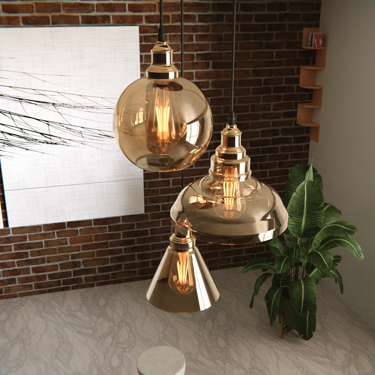 3 head pendant with amber glass shades on metal frame, industrial style fixture, adjustable cables