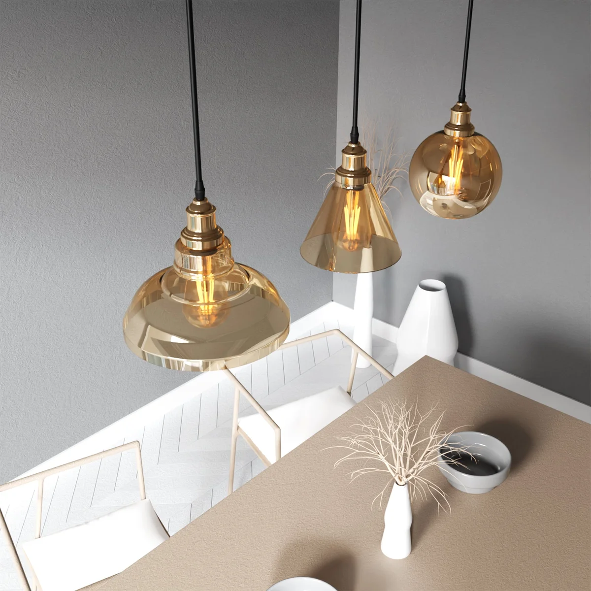 3‑head amber glass pendant ceiling light with metal frame, adjustable cables, modern industrial lighting focal point