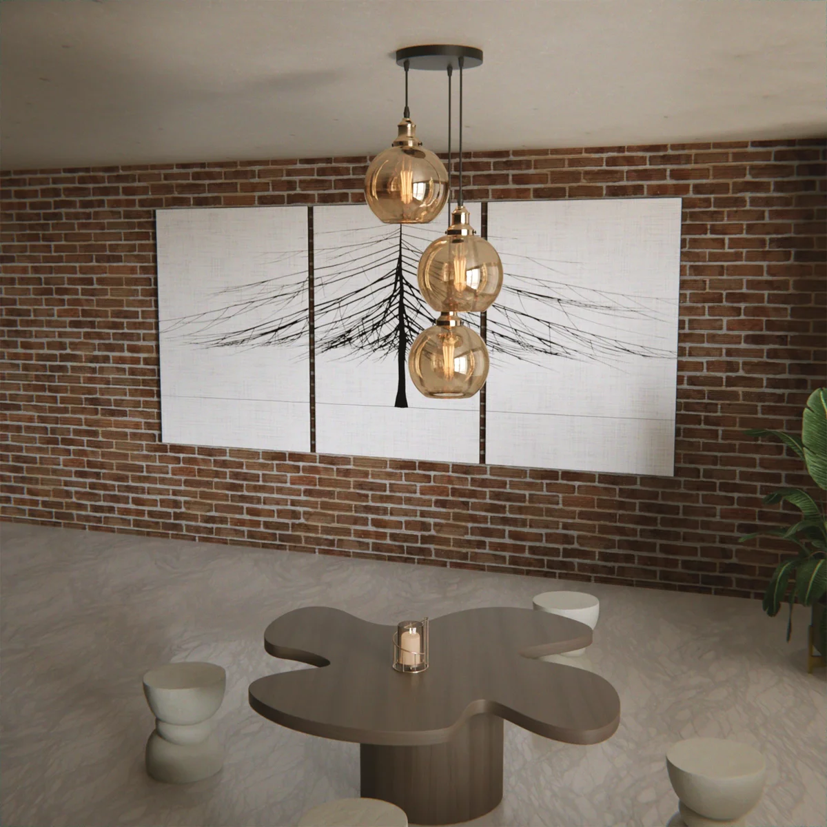 Three amber glass pendant lights hanging from a sturdy metal frame, forming an industrial pendant light fixture.