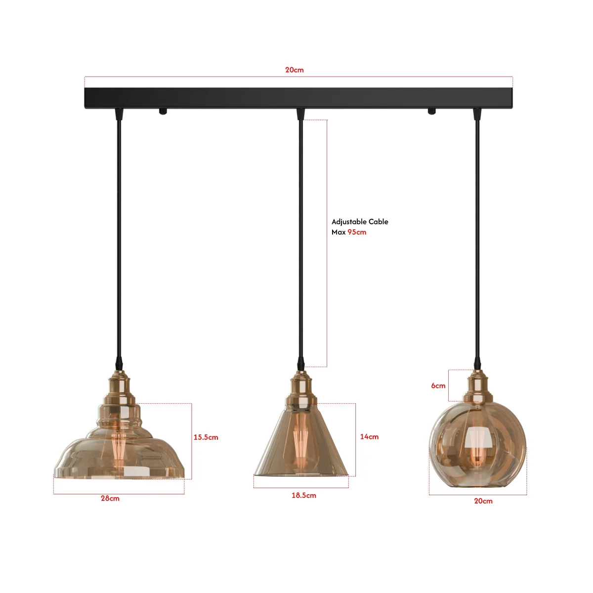 Three amber glass pendant lamps with metal frames, adjustable cables, industrial pendant light style.
