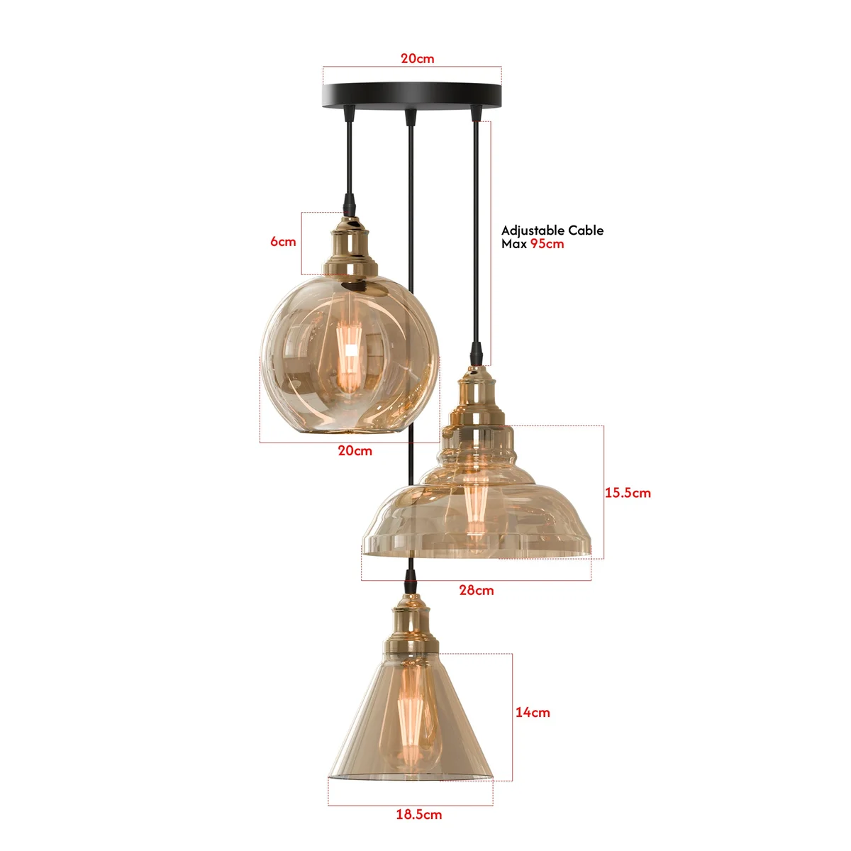 Three‑head industrial pendant light featuring amber glass shades and a sturdy metal frame.
