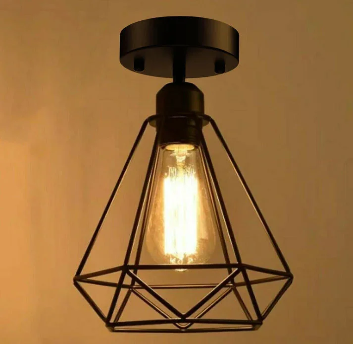 Retro industrial cage ceiling light with metal frame and vintage style flush mount design for indoor use