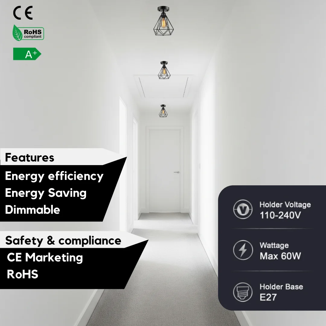 Retro style metal ceiling light with industrial cage design and E27 bulb, suitable for indoor use in various rooms