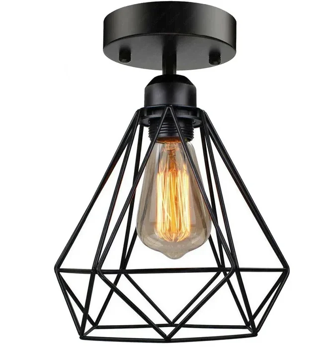 Retro European style indoor light with metal cage flush mount and visible bulb for vintage industrial decor