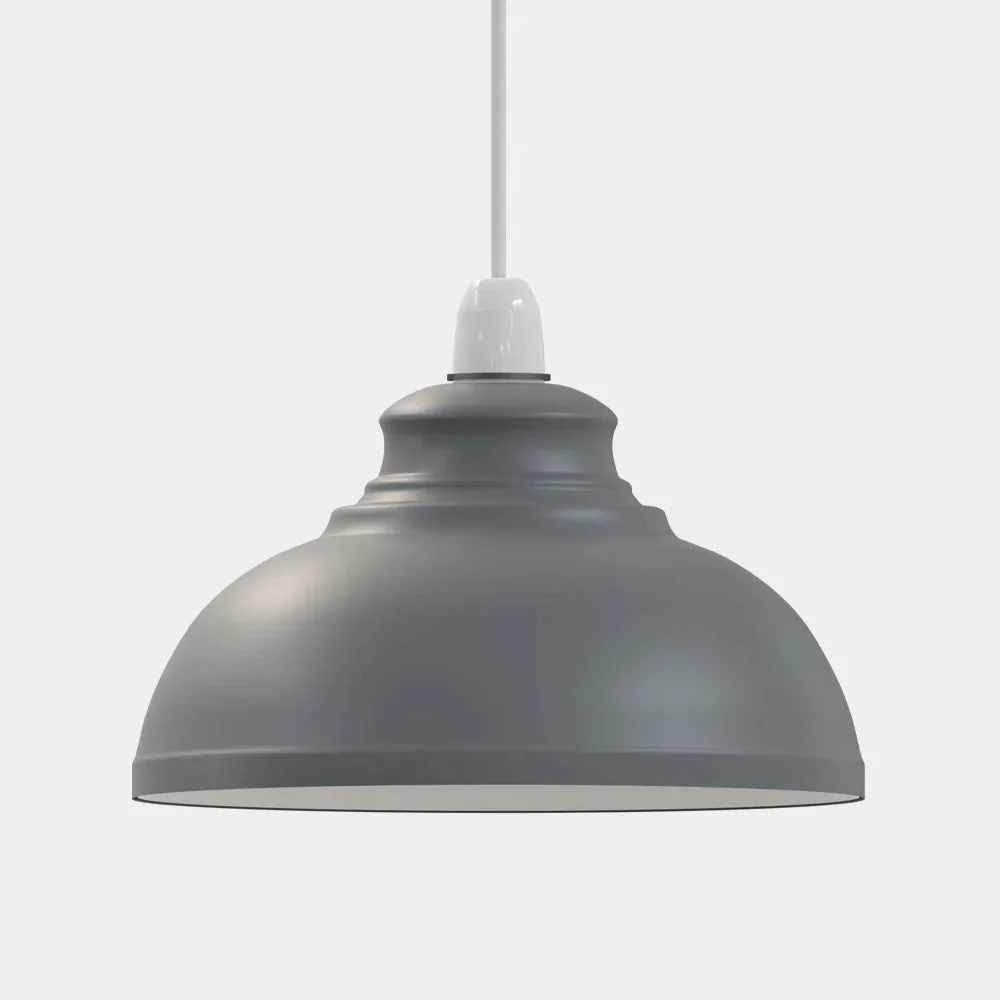 Vintage pendant light with curvy metal shade in retro style, suitable for E27/B22 bulbs, shown hanging in a room setting
