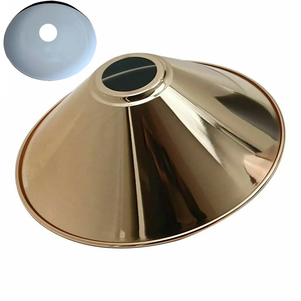 French Gold industrial metal wall light shade shown with universal lamp holder shade fitting and reducer plate for easy installation