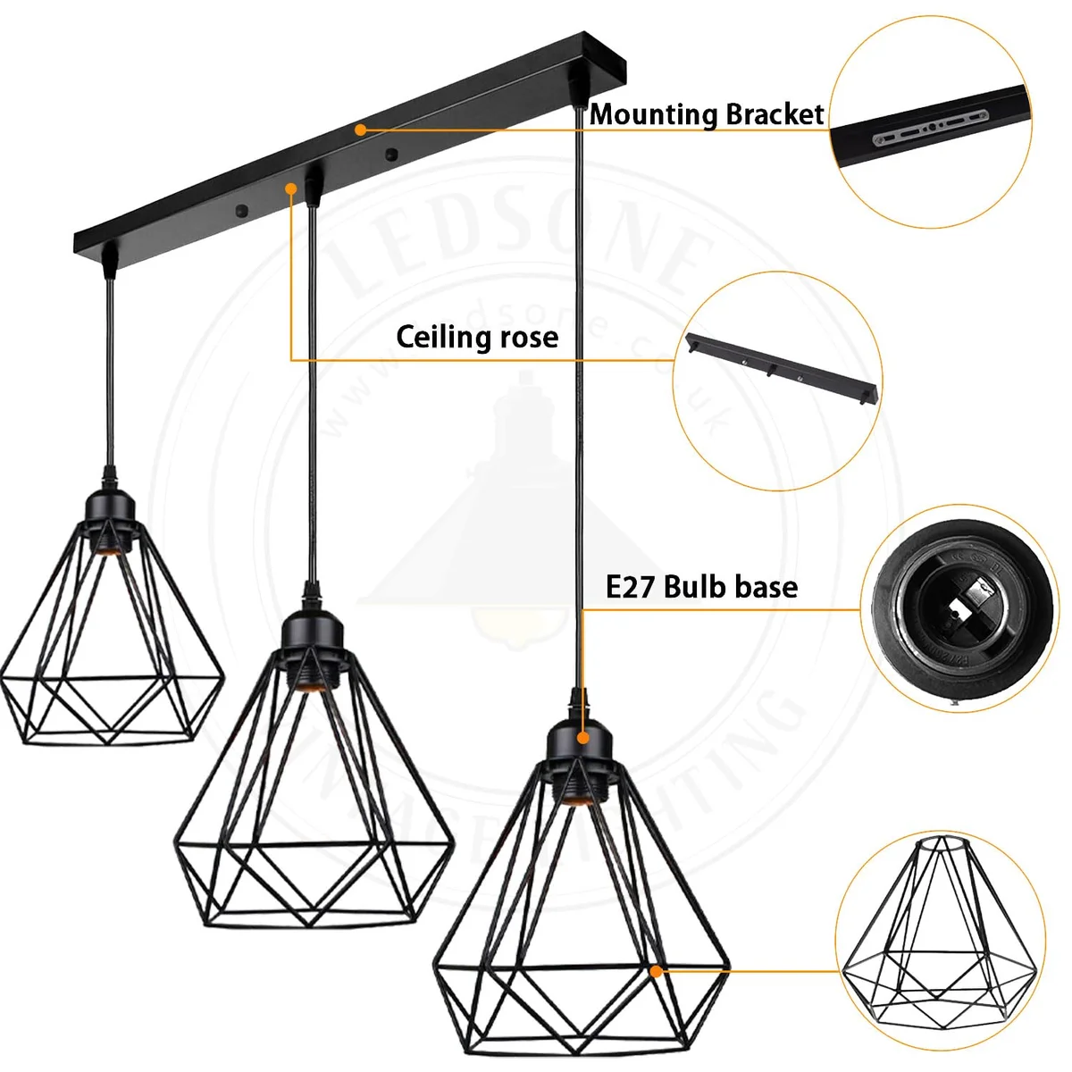 Black industrial style 3 way ceiling light with three wire cage bulb guards and adjustable cords on rectangular ceiling rose