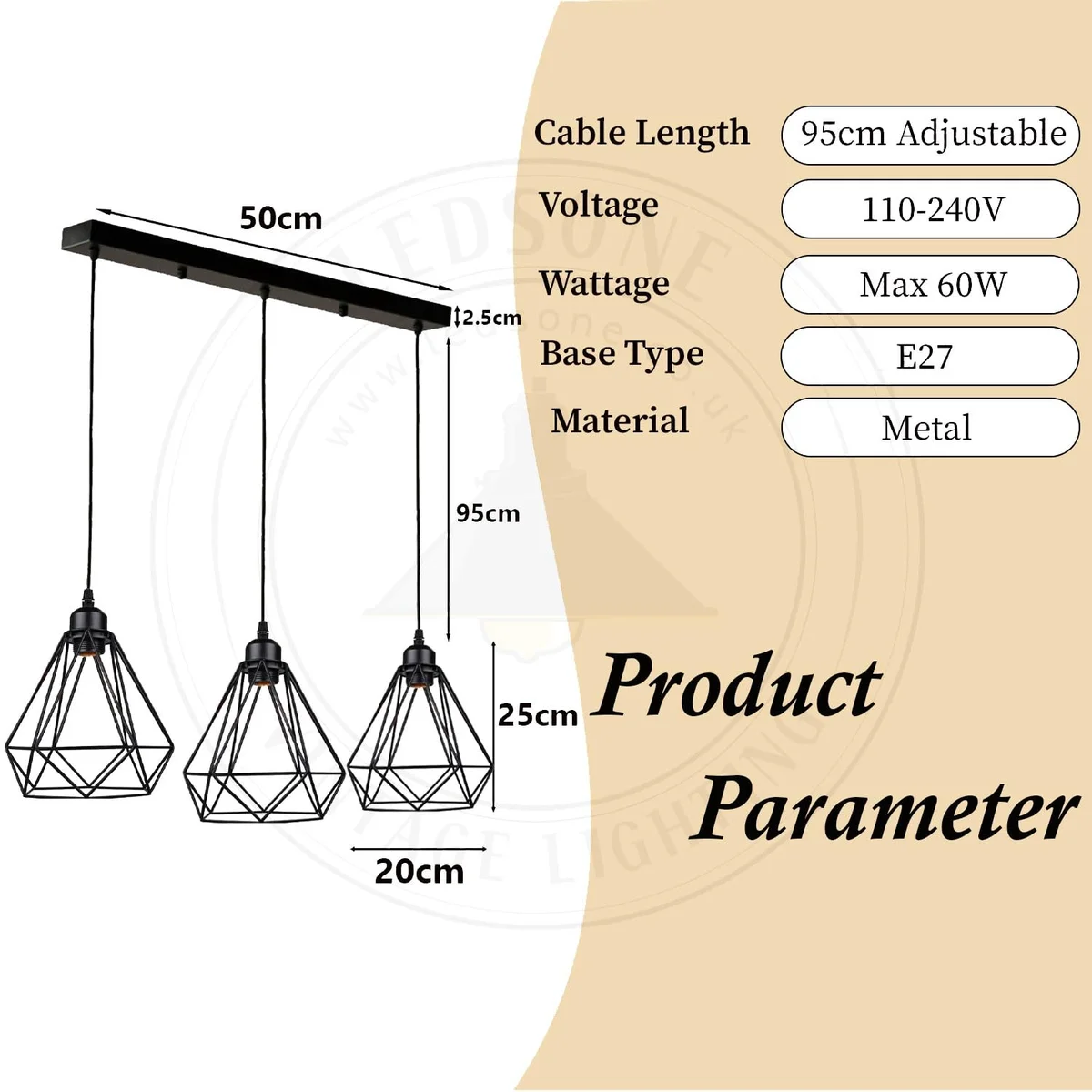 Black pendant light with three wire cage bulb guards hanging from an adjustable rectangular ceiling rose