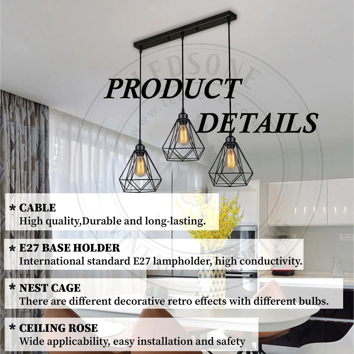 Black industrial 3 head ceiling pendant light with wire cage shades and adjustable cord pendant hanging from ceiling rose