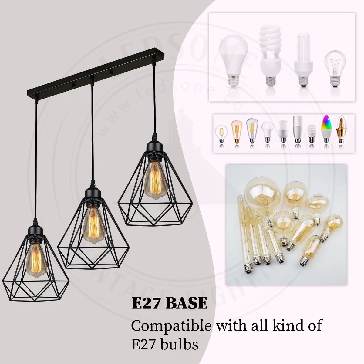 Black industrial style E27 bulb pendant with three wire cage lights and adjustable cords hanging from ceiling rose