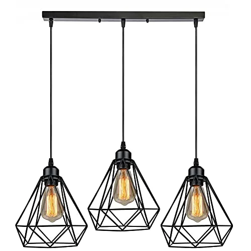 Black industrial ceiling pendant light with three wire cage bulb guards hanging from adjustable cords