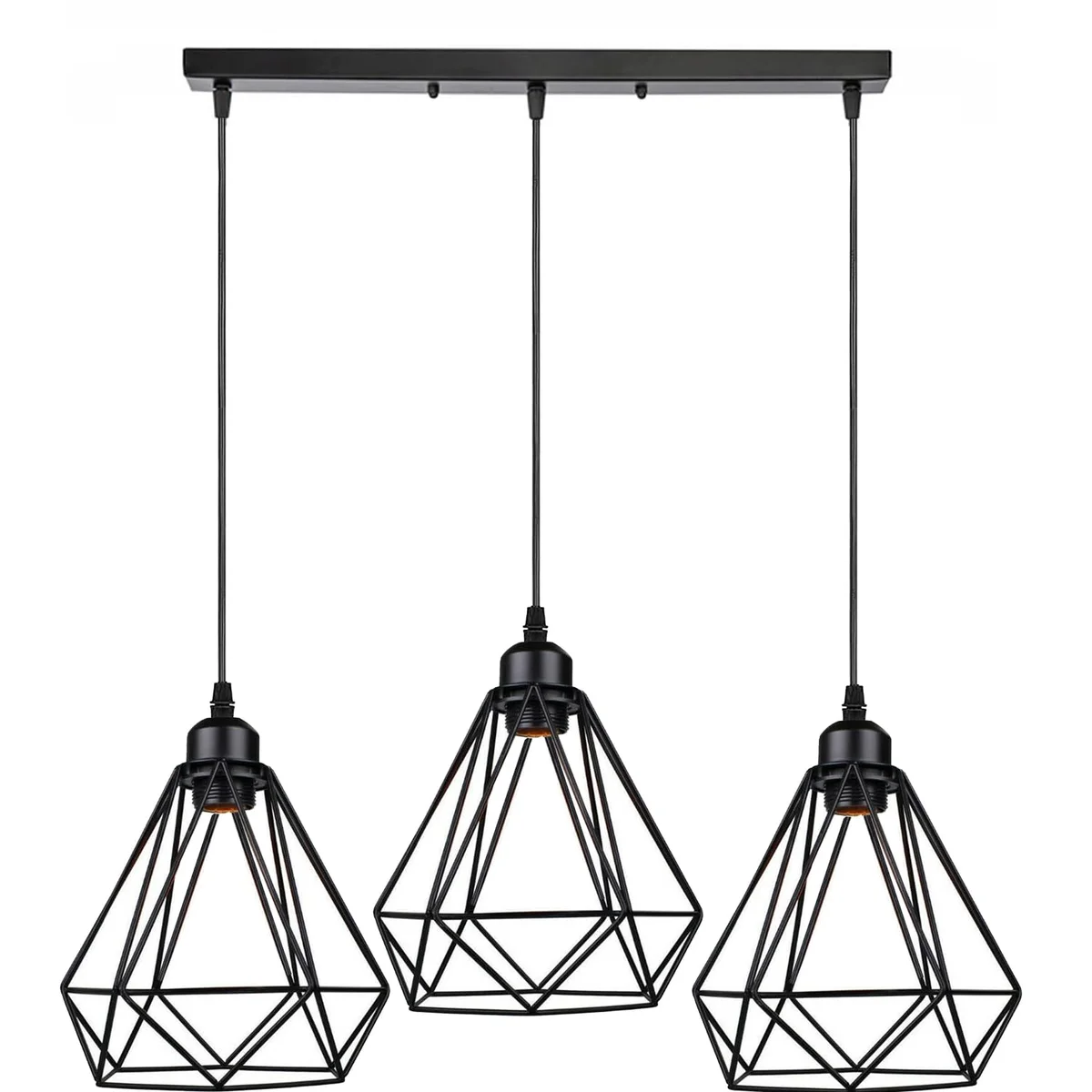 Black industrial ceiling pendant light with three wire cage bulb guards hanging from rectangular ceiling rose
