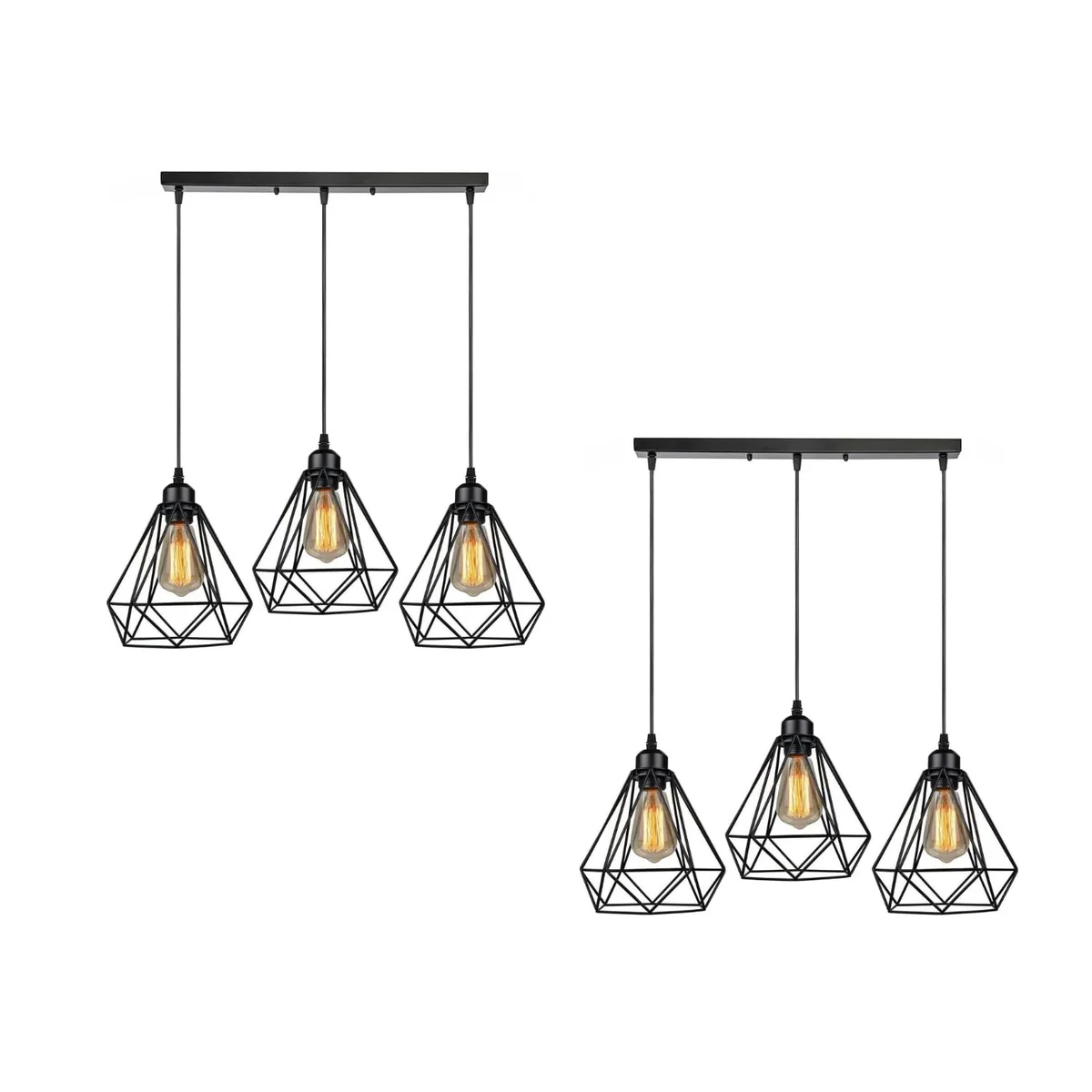 Black industrial ceiling pendant light with three wire cage bulbs hanging from rectangular ceiling rose