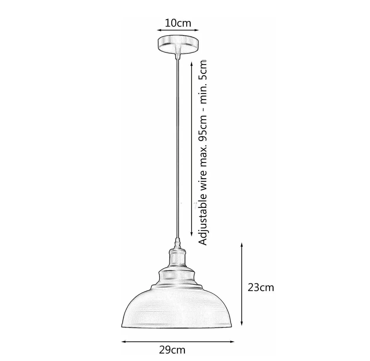 White retro metal pendant light with adjustable cord, metal and PVC lampshade, E27 bulb holder, 29x23cm size