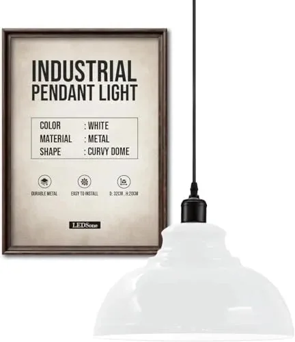 White retro adjustable pendant light with metal shade and hanging cord, suitable for various home decor styles