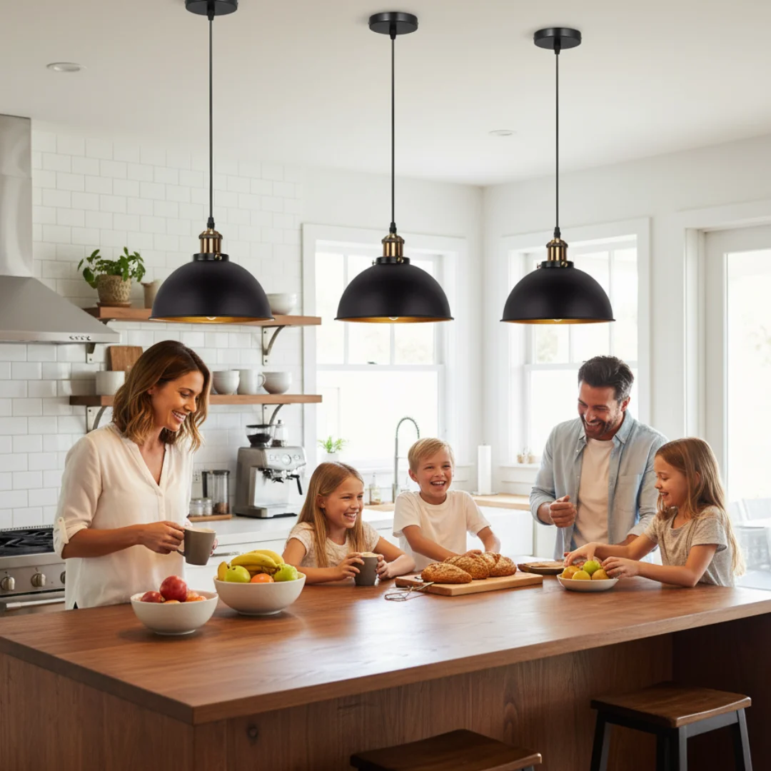 Three metal industrial pendant lights with adjustable cables hanging against a white background, vintage style E27 fittings
