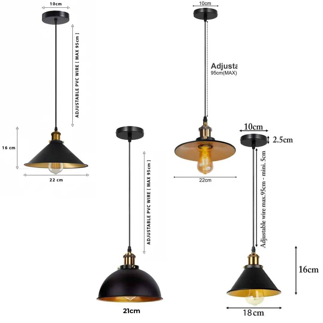 Three vintage pendant lighting fixtures with metal shades hanging from adjustable cables against a white background